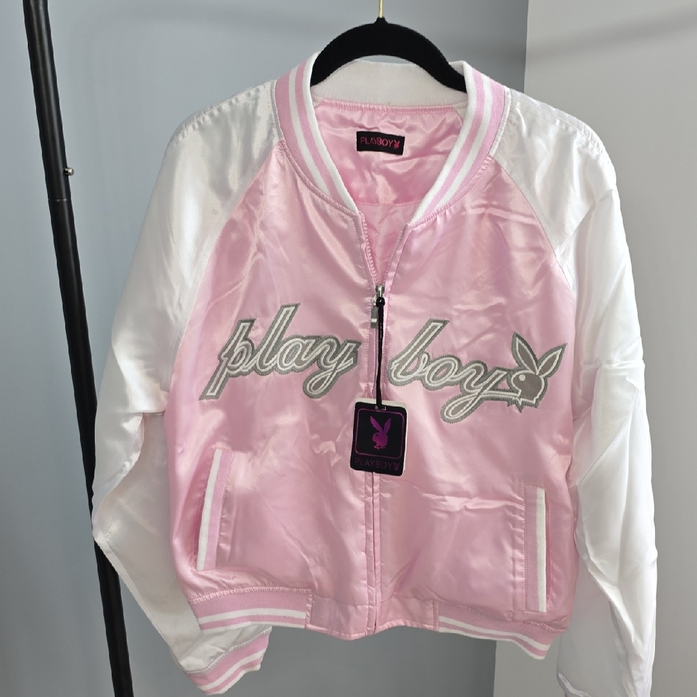 NWT Vintage PLAYBOY Pink and White Satin Varsity Jacket XL